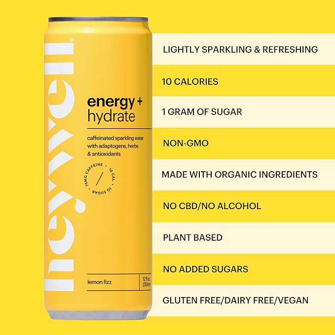 Heywell Sparkling Adaptogenic Water Energy and Focus, Lemon Fizz Flavor 12 Fluid Ounce (Pack of 12) - Caffeinated, Organic, Non GMO, Vegan, Gluten Free, Dairy Free