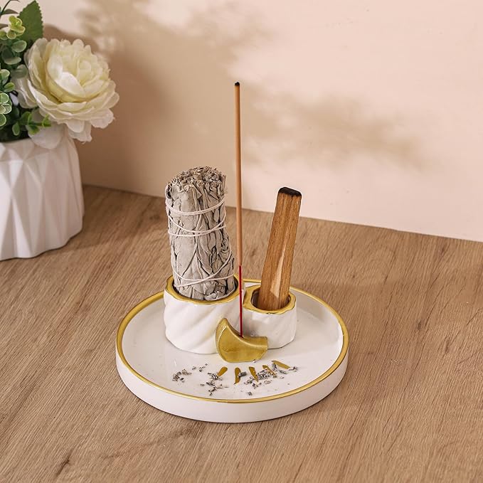 Ceramic Incense Holder Burner, Sage Holder for Burning, Palo Santo Sticks Holder, 5.51" Ash Catch Tray, Smudge Dish for Meditation Yoga, Modern Home Decor Gift