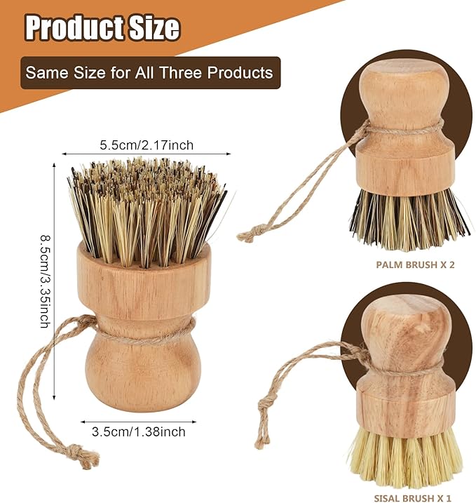 3 Pack Wood Dish Brush Set, Wood Scrub Brush for Dishes with Natural Sisal Bristles for Cleaning Pots, Pans and Vegetables