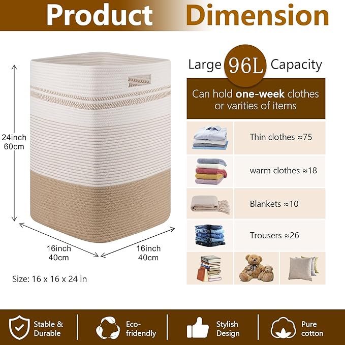 Laundry Hamper, Large Woven Rope Tall Laundry Basket with Handles, 24" X 16" X 16", Decorative Storage Basket for Clothes and Blankets in Living room, Bedroom, Jute & White