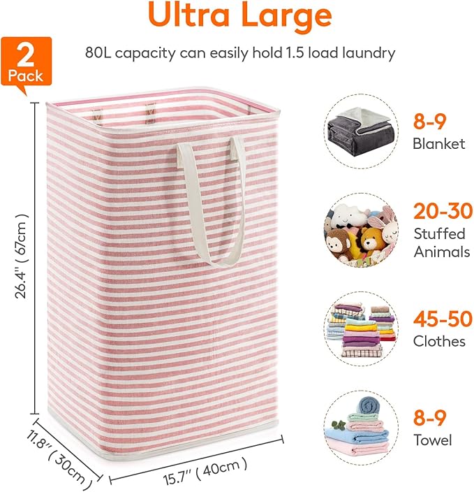 Lifewit 2 Pack Laundry Hamper Large Collapsible Laundry Baskets, Freestanding Waterproof Clothes Hamper with Easy Carry Handles in Laundry Room Bedroom Bathroom College Dorm for Adults, Pink, 2 x 80L