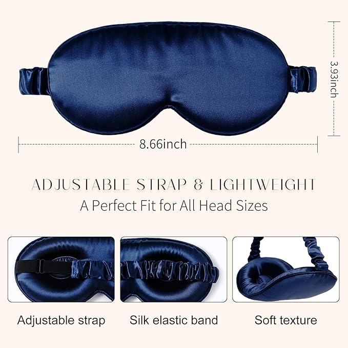 100% 22 Momme Mulberry Silk Sleep Mask, Eye Cover for Sleeping, Blackout 3D Sleep Masks for Lash Extensions with Adjustable Strap for Men and Women (Navy Blue)