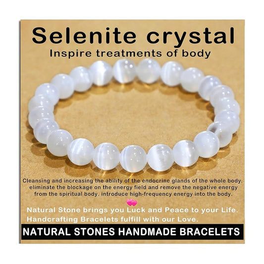 AD Beads Handmade Gemstone Stretch Elastic Bracelet Crystal Healing Reiki Nature's Beauty and Spiritual Essence Unisex (8mm, Selenite Crystal (Inspire treatments))