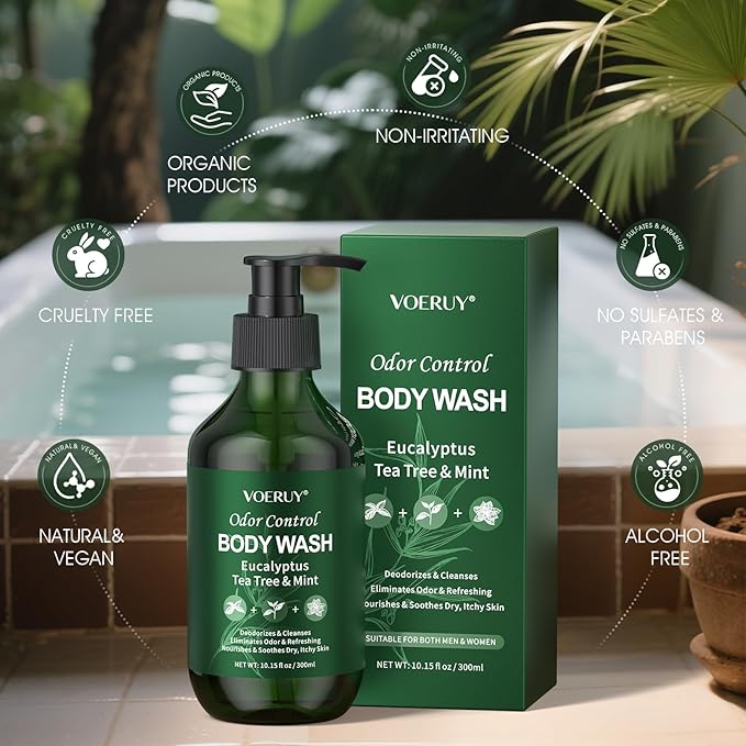 Eucalyptus & Tea Tree Oil Deodorizing Body Wash for Men & Women - 24 Hour Odor Control Shower Gel, Nourish & Sooth Dry, Itchy Skin, Natural Odor Control with Coconut Oil, Sulfate & Paraben-Free