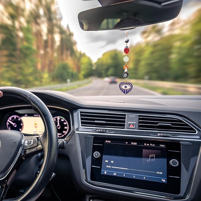 Evil Eye Car Rearview Mirror Charm - 8 Ball Mushroom Ladybug Hanging Ornament with Beads, Boho Style Cars Decor Pendant for Protection, Good Luck & Positive Energy Accessories