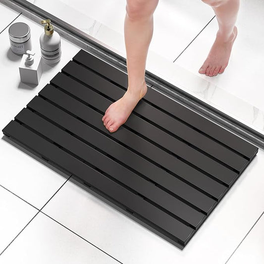 Domax Wooden Bamboo Bath Shower Mat- Non-Slip Waterproof Large Bathroom Floor Mat for Indoor Outdoor (Black, 31.3 x 18.1 x 1.5 Inches)