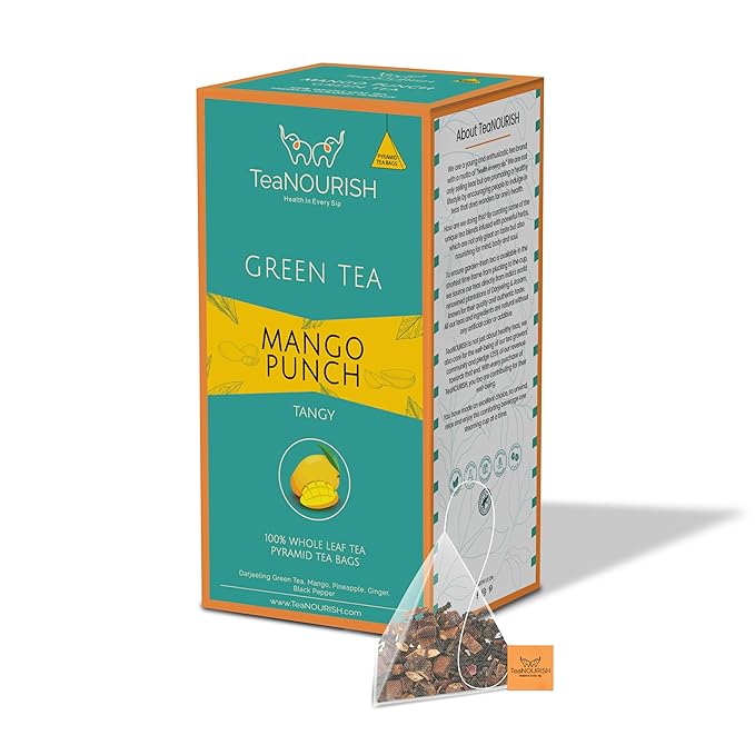 TeaNOURISH Mango Punch Green Tea | 20 Count Pyramid Tea Bags | Darjeeling Whole Tea | Delicious Fruit Infusion | Real Mango | 100% NATURAL INGREDIENTS