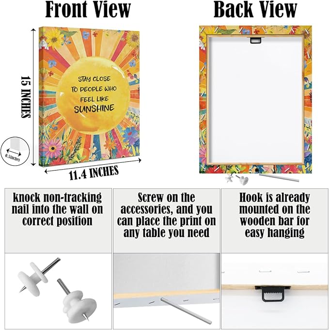 Inspirational Quotes Wall Art Decor, Stay Close to People Who Like Sunshine Framed Canvas Wall Art for Girls Room Nursery Home Living Bedroom Office Decor Sunshine Encouragements Gifts