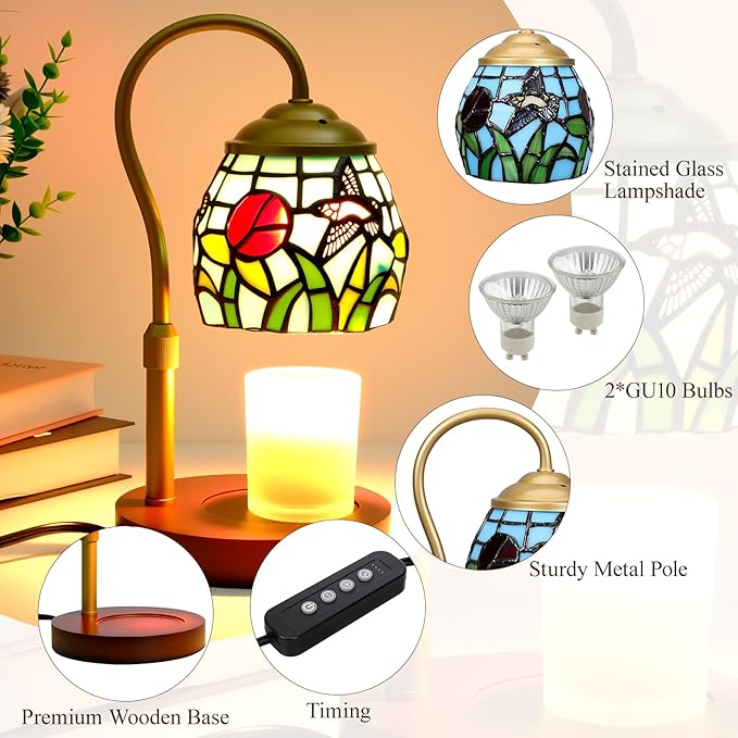 Candle Warmer Lamp - Hummingbird Candle Lamps Timer Dimmer, Tiffany Style Stained Glass Candle Warming Lamp Compatible with Small Jar Candles Gifts for Her, for Mom Wax Melt Warmer for Home Decor
