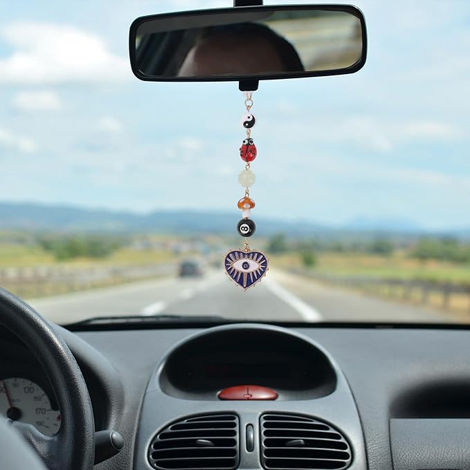 Evil Eye Car Rearview Mirror Charm - 8 Ball Mushroom Ladybug Hanging Ornament with Beads, Boho Style Cars Decor Pendant for Protection, Good Luck & Positive Energy Accessories