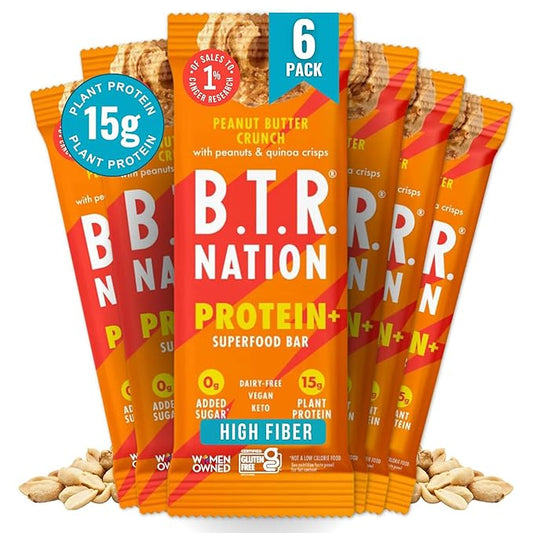 B.T.R Nation Vegan Keto Plant Based High Protein & HIgh Fiber Bars - Peanut Butter Crunch Protein+ | 6 Bars | Low Carb & GF, Free of Sugar Alcohols, Dairy, Soy, with Powerful Superfoods!