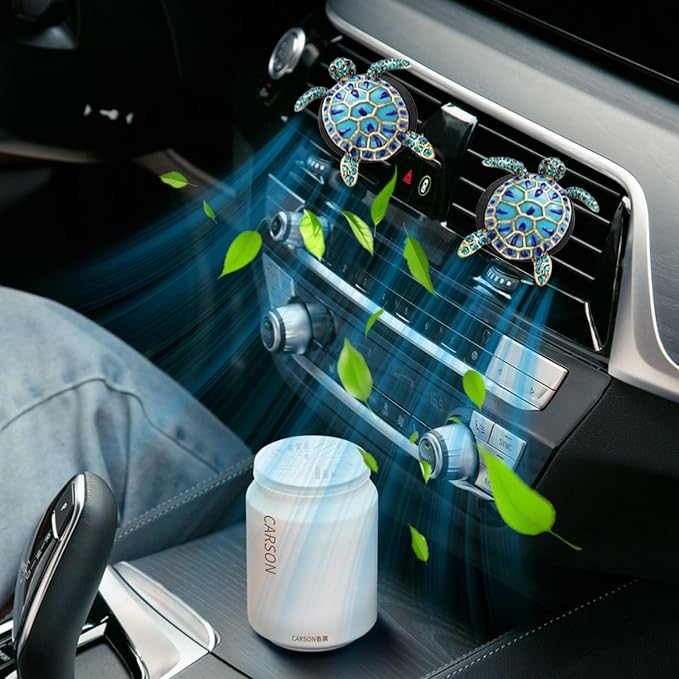 2PCS Beach Car Accessories, Crystal Cute Turtle Air Fresheners Diffuser Vent Clip, Bling Tortoise Car Air Vent Clips, Comes with 2 PCS Black Cars Air Vent Clips(Blue)