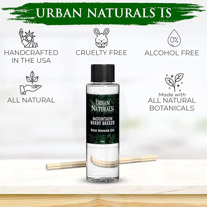 Urban Naturals Reed Diffuser Oil Refill, Mountain Berry Breeze Diffuser Oils with Juniper, Jasmine, Apple, 4 oz + Free Reed Sticks, Made in The USA