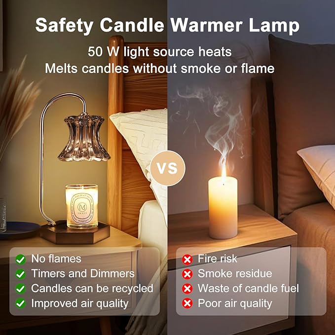 Black Candle Warmer Lamp with Timer - Adjustable Height Candle Warmer, Dimmer, Wax Melting Lamps for Home Decor, for Candles in Jars with 2 Bulbs