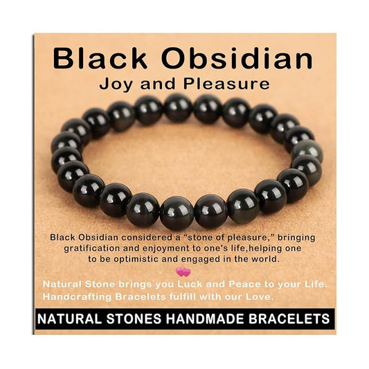 AD Beads Handmade Gemstone Stretch Elastic Bracelet Crystal Healing Reiki Nature's Beauty and Spiritual Essence Unisex (8mm, Black Obsidian (Pleasure))