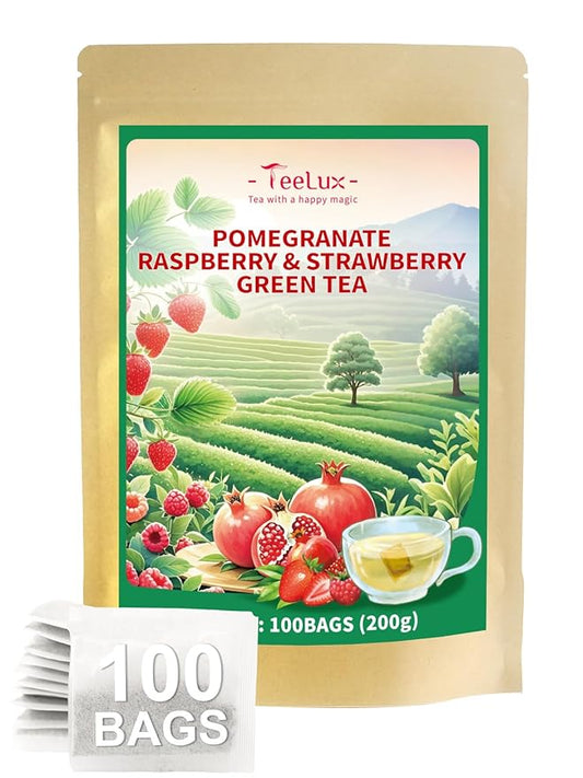TeeLux Pomegranate Raspberry Strawberry Green Tea, Fruit Flavored Green Tea, Berry Aroma & Crisp Taste, Hot & Iced Tea, 100 Count