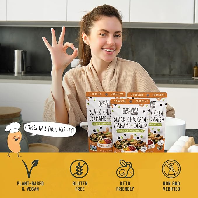 BeanVIVO Healthy Snacks for Adults & Kids with 7g Protein & 5g Fiber per Serving with Dried Edamame, Roasted Cashew and Chickpeas - Vegan & Gluten Free - Keto Friendly & Non-GMO - 3-Pack (4.5 oz Each Pouch)