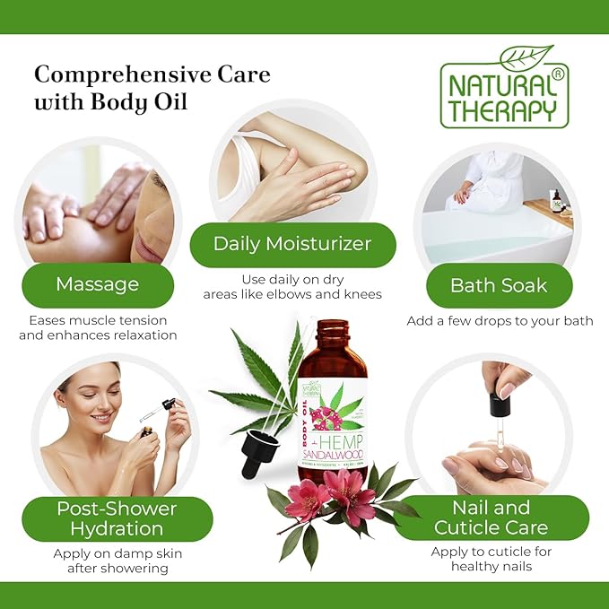 Natural Therapy Hemp & Sandalwood Body Oil – Moisturizing Body Oil – Hydrate & Soften Skin – Increase Skin Elasticity and Provide Anti-Aging Support (4 Fl.Oz)