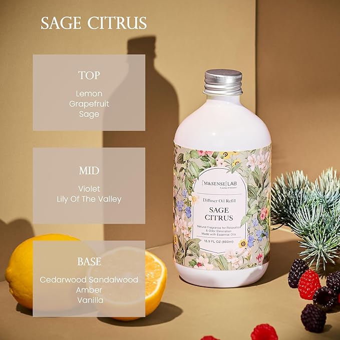 M&SENSE Reed Diffuser Oil Refill, 16.9oz (500ml) with 10 Hollow Reed Sticks, Sage Citrus Scent Home Fragrance, Scented Oil Refills, Natural Essential Oils for Diffusers, Décor for Home Spa & Office