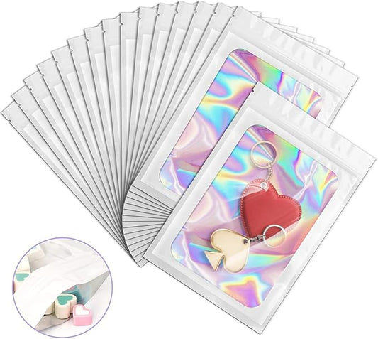100 Pack Holographic Bags, Smell Proof Packaging Bag, Clear Window Resealable Odor Foil Pouch Mylar Bags for Food Storage and Lipgloss, Jewelry Lash (White, 2.4 x 3.9 Inch)