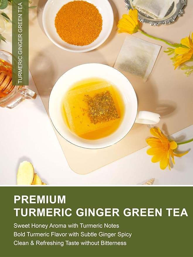 TeeLux Ginger Turmeric Green Tea Bags, Smooth Steamed Green Tea with Spicy Ginger, Earthy Turmeric & Sweet Honey Aroma, 100 Count, Hot & Iced Tea