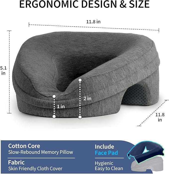 Face Down Pillow Massage Headrest for Bed, Stomach Sleeping Pillow, Face Cradle, BBL Pillow After Surgery Post Eye Surgery Recovery Equipment for Massage Tables,Piercing Pillows Removable Cover Black