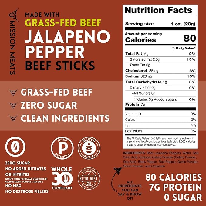 Mission Meats Beef Sticks – 100% Grass Fed & Pasture Raised, Sugar Free, Individually Wrapped Healthy Snacks, Whole 30 & Paleo Friendly, Jalapeno 1oz (Pack of 24)