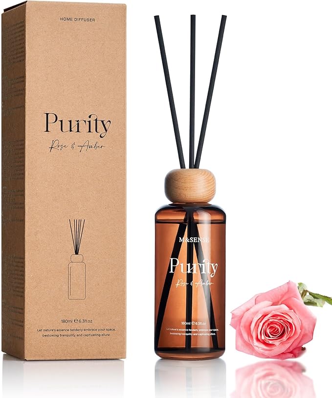 M&SENSE Rose Amber Reed Diffuser: 6.3 fl oz Non-Toxic Aroma Set with Sticks, Light & Subtle Fragrance, Long-Lasting Natural Essential Oil Gifts for Bedroom, Shelf Decor & Small Spaces