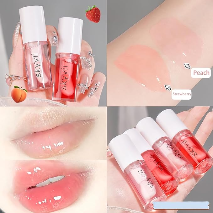 Dulele 4PCS Fruit Flavoured Lip Oil Set, Moisturizing Plumping Lip Glow Oil, No-Sticky Lip Gloss Lip Balm, Hydrating Nourishing Lip Care for Women/Peach/Strawberry (Pink, 1)