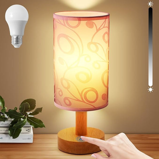 Cordless Table Lamp, 2200mAh Battery Operated Desk Lamp, Touch Bedside Lamps for Night Stands, Warm Light Mini Boho Lamp, Wood Base Round Flaxen Fabric Shade for Living Room,LED Bulb Included (Purple)