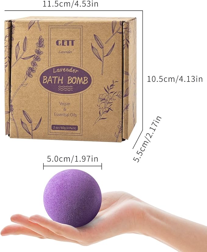 GETT Lavender Bath Bombs 4-pcs, Individually Wrapped Bath Bombs for Men & Women, Luxury Gift Set with Vegan and Essential Oils, Relaxing and Moisturizing Bubble Bath, Organic Bath Essentials for All