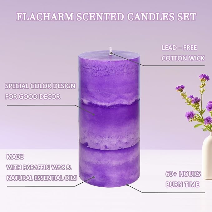 3" x 6" Handmade Pillar Candles Lavender Scented Purple Decorative Candles Long-Lasting Burn Air Clean Lavender Candles for Home Fragrance Rustic Room Centerpieces Wedding Decor,Set of 3