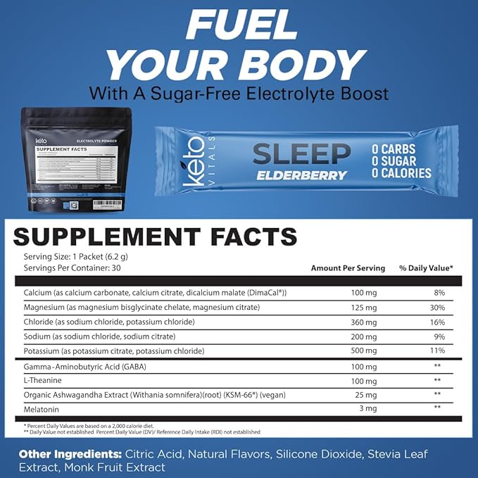 Keto Vitals Sleep Drink Electrolyte Sleep Powder Packets - Fast-Acting Sleep Blend of Melatonin 3mg, GABA, L-Theanine, & Ashwagandha - Elderberry, 30 Count