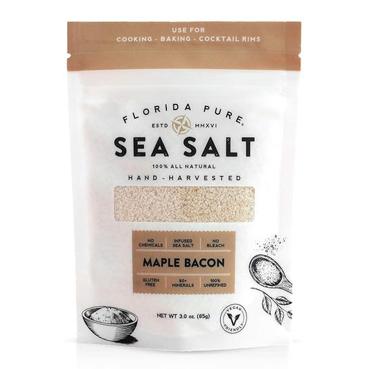 FLORIDA PURE Maple Bacon Sea Salt - Smoky, 80+ Mineral Salt, Natural, Unrefined, Non Iodized - for Baking, Cooking, Seasoning & Enhancing Taste - Flaky Sea Salt (3 oz. Pouch)