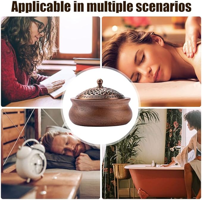 Round Wooden Incense Burner & Holder - 4" Handcrafted Natural Wood Censer with Alloy Lid, Heat-Resistant Tray for Sticks, Cones, Sage, Frankincense (Meditation, Yoga, Home Decor)