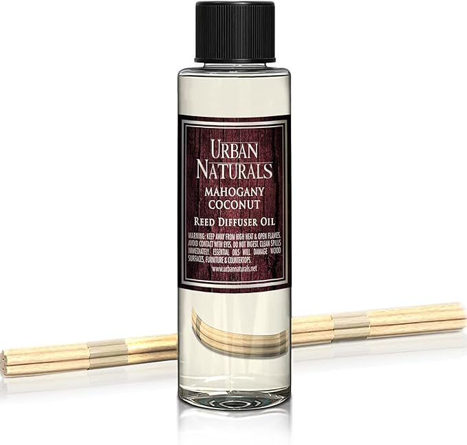 Urban Naturals Reed Diffuser Oil Refill, Mahogany Coconut Diffuser Oils with Sandalwood, Coconut, Oakmoss, 4 oz + Free Reed Sticks, Made in The USA
