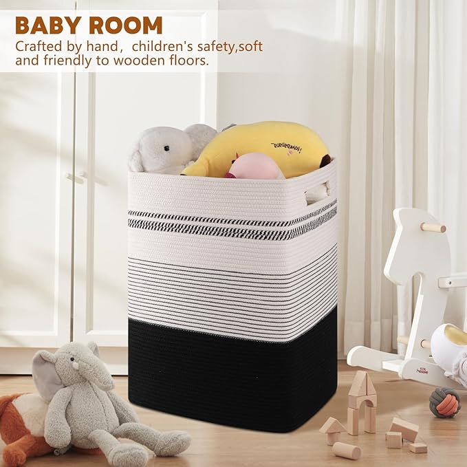 Laundry Hamper, Large Woven Rope Tall Laundry Basket with Handles, 22" X 17" X 13", Decorative Storage Basket for Clothes and Blankets in Living room, Bedroom, Black& White