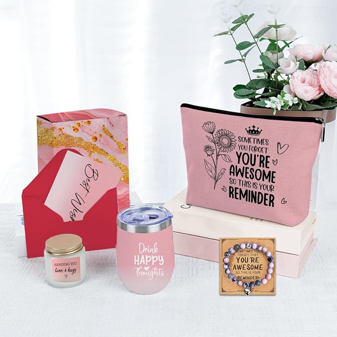 Insparational Birthday Gifts for Women, Thank You Appreciation Friendship Self Care Gifts for Women, Girls Grandma Friends Girlfriend Christmas Wine Tumbler Makeup Bag Scented Candle Bracelet Set