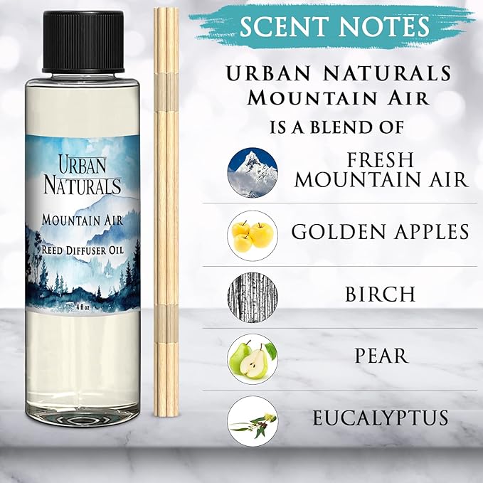Urban Naturals Mountain Air Scented Oil Reed Diffuser Refill | Includes a Free Set of Reed Sticks! Fresh Herbs, Birch, Pear, Sage & Amber Fragrance Notes | 4 oz.