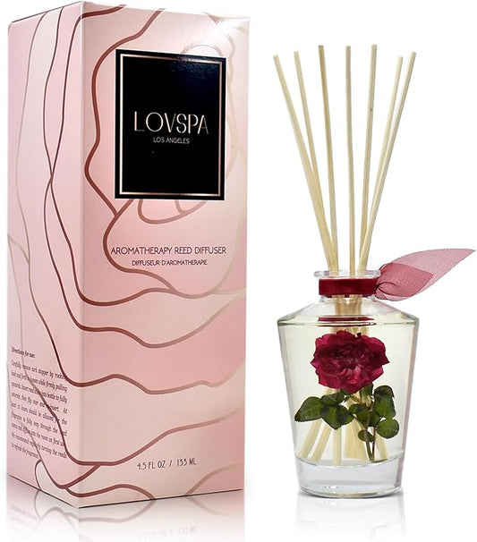 LOVSPA Reed Diffuser Set, PURIFY Rosewater Scented Oil Diffuser with Sticks, Home Fragrance Accessories for Bathroom Shelf Decor, Aroma Diffusers for Home or Office Desk, USA Made