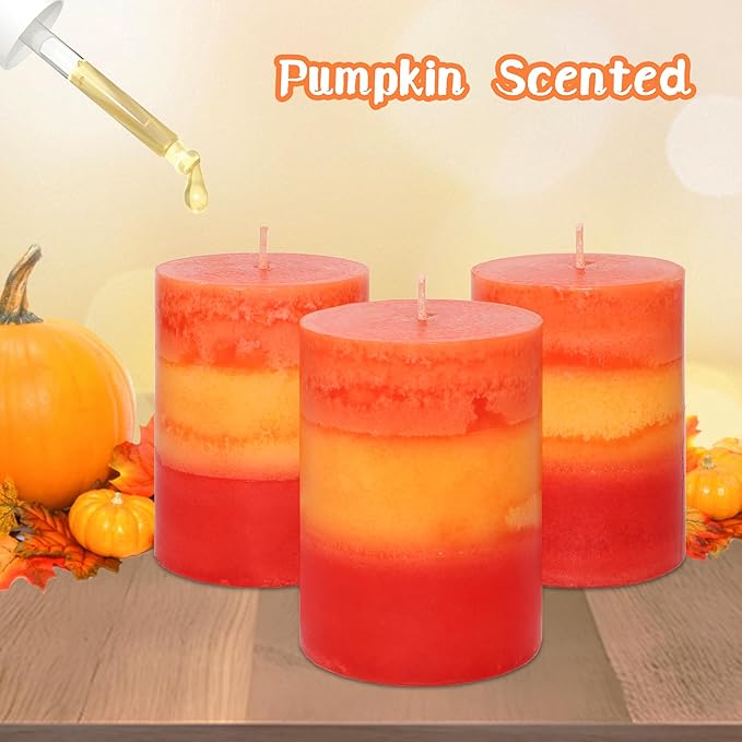 3x4 Inch Pillar Candles 3 Pack Rustic Orange Handmade Layered Clean Burning Pumpkin Spice Scented Candles Fall Harvest Aesthetic Halloween Decorative for Home Dinner Table Decor