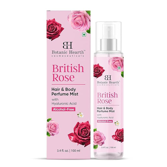 Botanic Hearth British Rose Hair & Body Perfume Mist with Hyaluronic Acid, Alcohol-Free, Refreshing & Hydrating Body Spray, Long Lasting Floral Fragrance, 100 ml / 3.4 fl oz