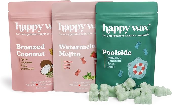 Happy Wax Vacation Mix Premium Scented Natural, Non Toxic Soy Wax Melts – 6 Total Oz. of Scented Wax Melts. Includes: Watermelon Mojito, Poolside and Bronzed Coconut