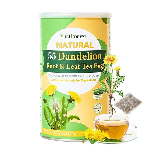 55 Dandelion Tea Bags, 3g/Bags 5.82oz, VitalForest Natural Dandelion Leaf and Root Tea, Dried Dandelion Root Tea Leaves, Caffeine Free, Health Herb Diente De Leon, Eco-Conscious Corn Fiber Tea Bags