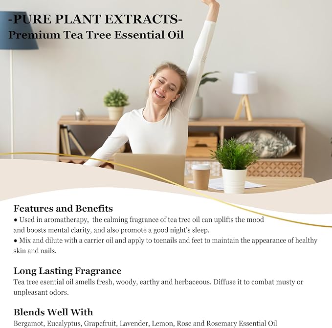 EUQEE Tea Tree Essential Oil 4Fl.Oz Pure Tea Tree Oil with Glass Dropper for Aromatherapy, Diffuser, Soap Making, DIY Soap - 118ml