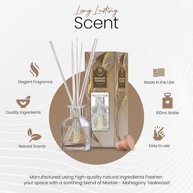 Brooklyn Fragrance Co. Marble - Long Lasting Scented Aroma Diffuser – Mahagony Teakwood Air Freshener for Home- Fragrance Diffuser for a Large Room - 100ML