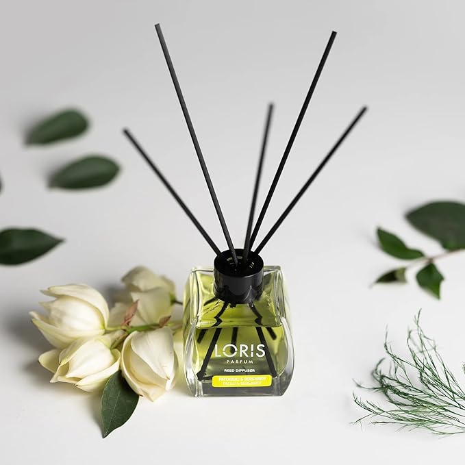 Loris Reed Diffuser - Patchuli&Bergamot - Aromatic Home Fragrance with Natural Essential Oils, 4.06 fl oz/120 mL – Long‑Lasting, Non‑Toxic, Gift Ready Scented Diffuser with Sticks for Room & Bathroom
