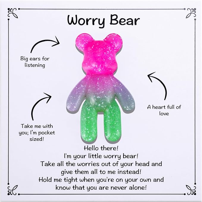 Pocket Bear Hug, Anxiety Gifts for Men Women, Mental Health Positivity Gift for Anxious Friend, Autism Fidget Gift, Stress Relief Gifts for Her, Back to School Reminder of Comfort, Pink Green