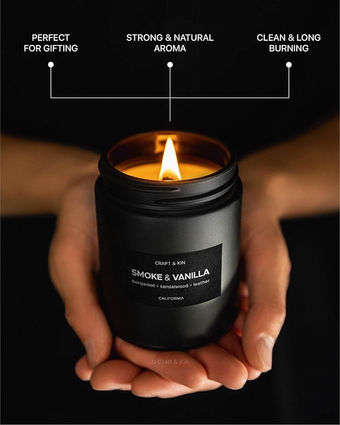 Craft & Kin Premium Smoke & Vanilla Candle | Black Fall Scented Candles for Men | Long Lasting with 45 Hour Burn Time, 7.6oz | Made with Soy | Aromatherapy at Home | Gifts for Men