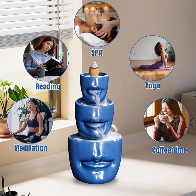 Comeon Backflow Incense Burner Holder, Face Handicraft Decor, Resin Reverse Flow Incense Burner Censer Cone + 20 Backflow Incense Cones 30 Incense Sticks 1 Tweezer 1 Mat (Matte Blue)